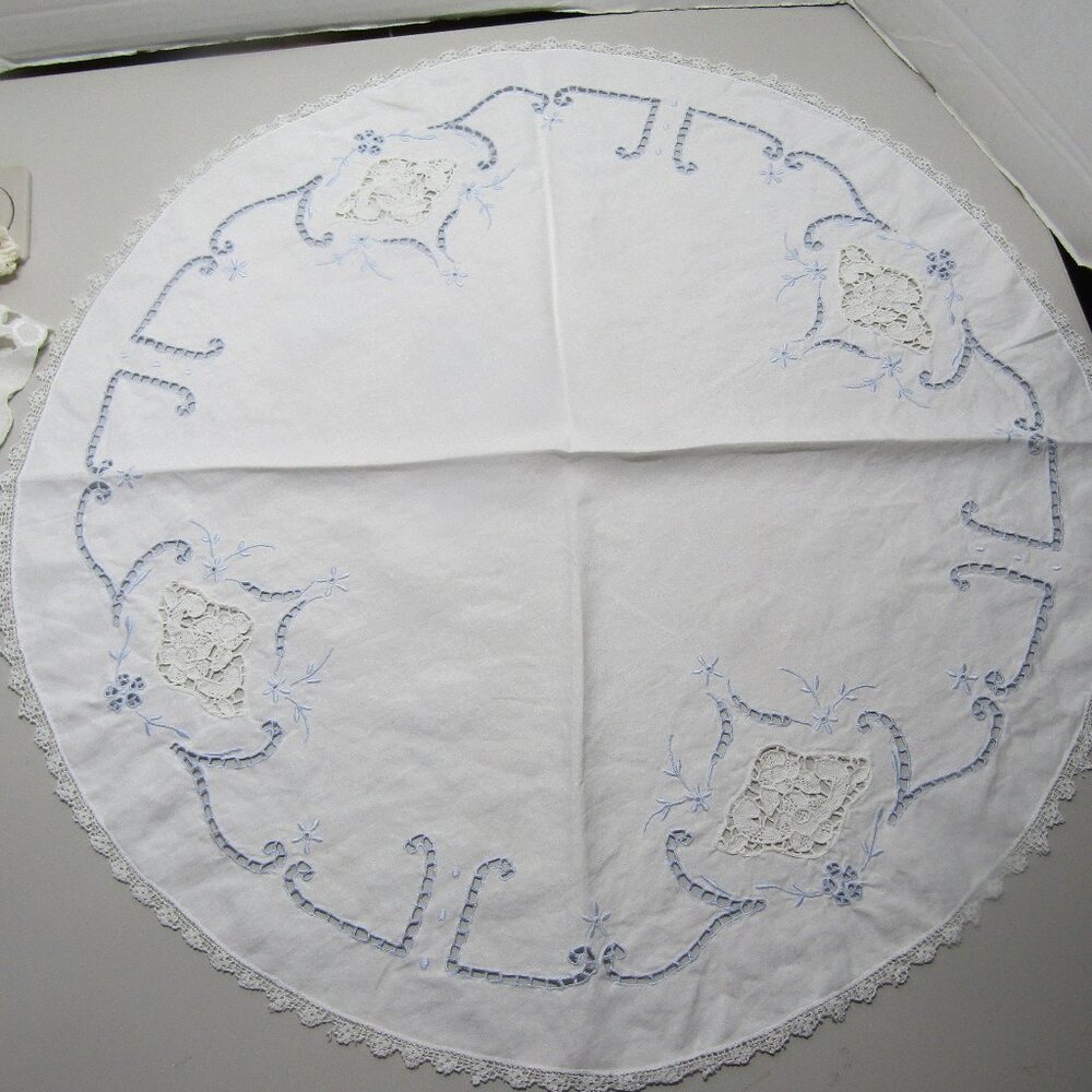 vintage round white table cover 22 inches blue embroidery and cut work lace edge